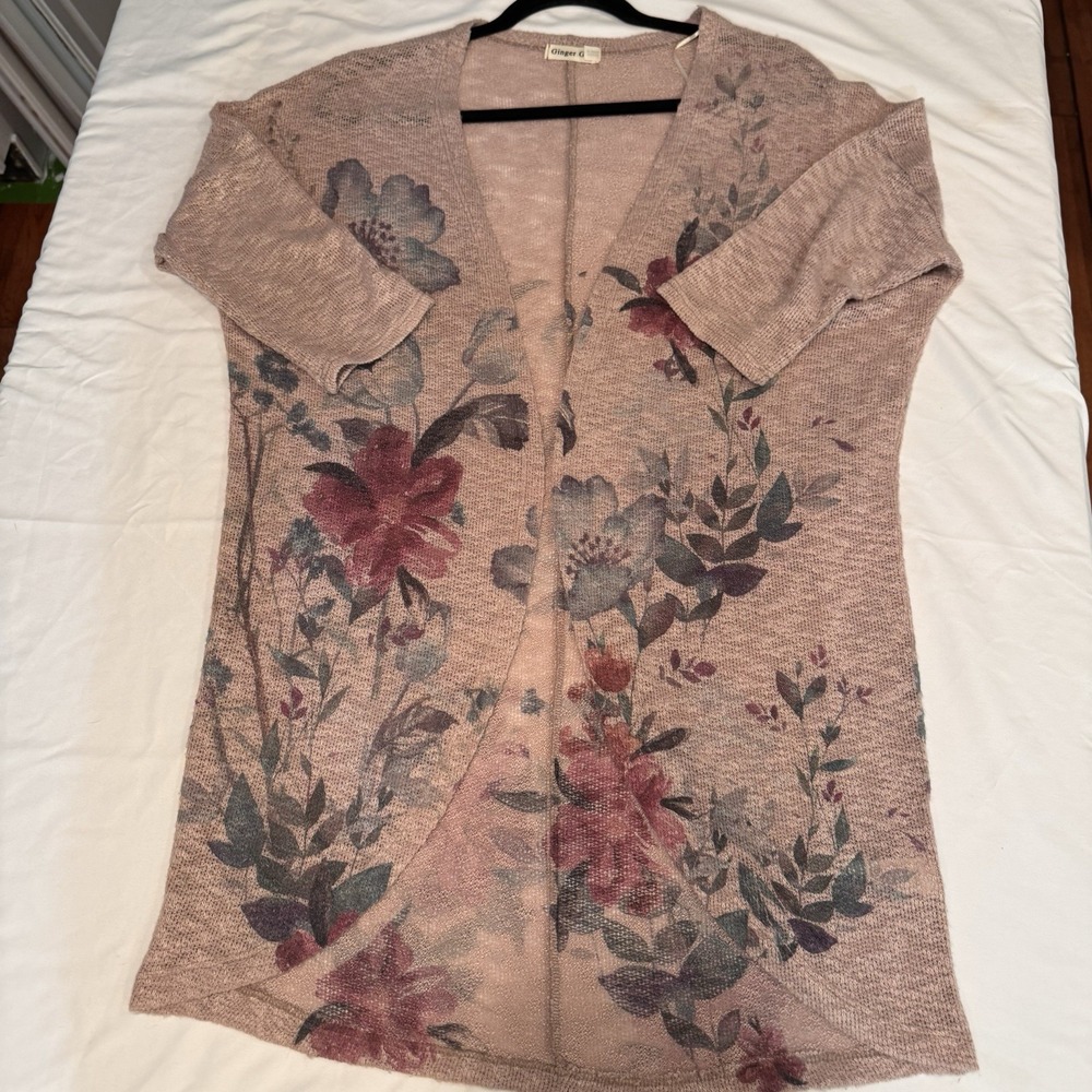 Ginger G Womens Open Cardigan Floral Cover Up Size M  Medium Neutrals Beige Pink